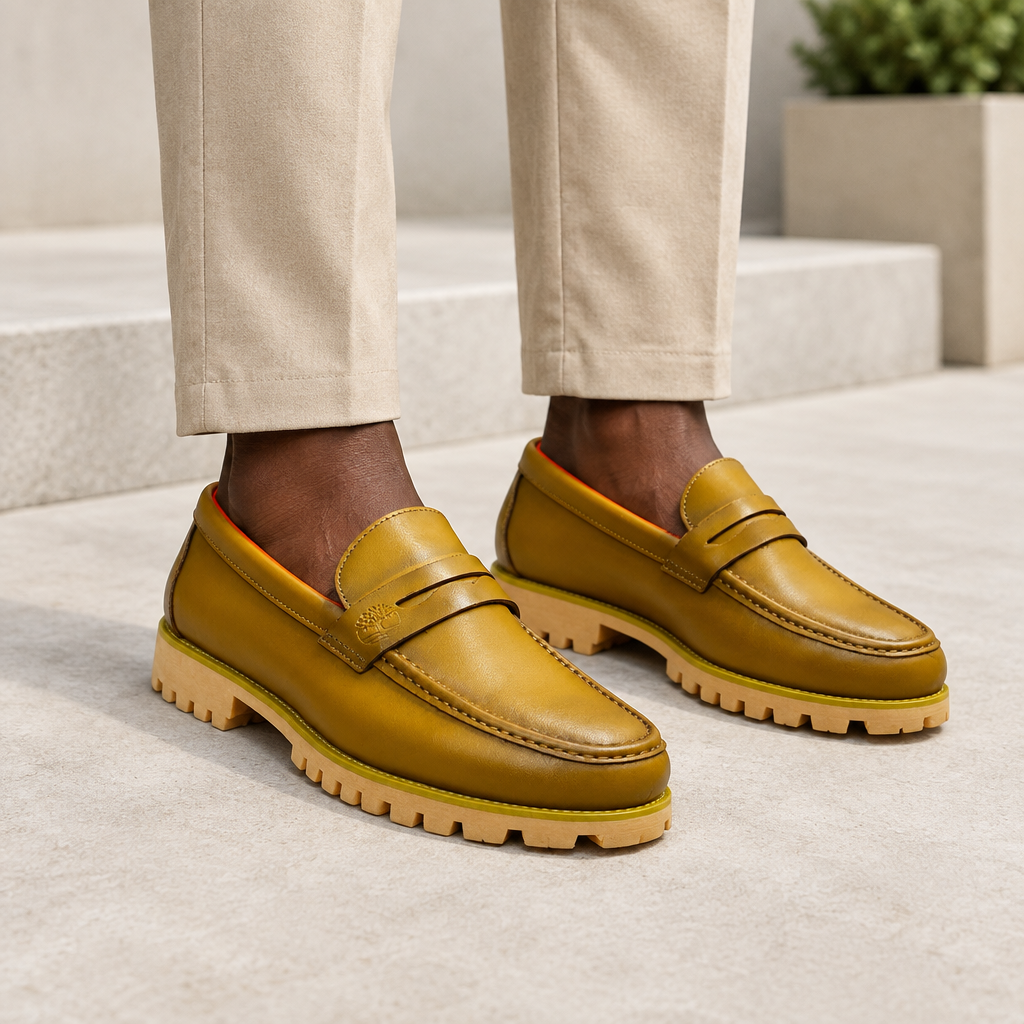 Black model wearing tan men's penny loafers with lug sole