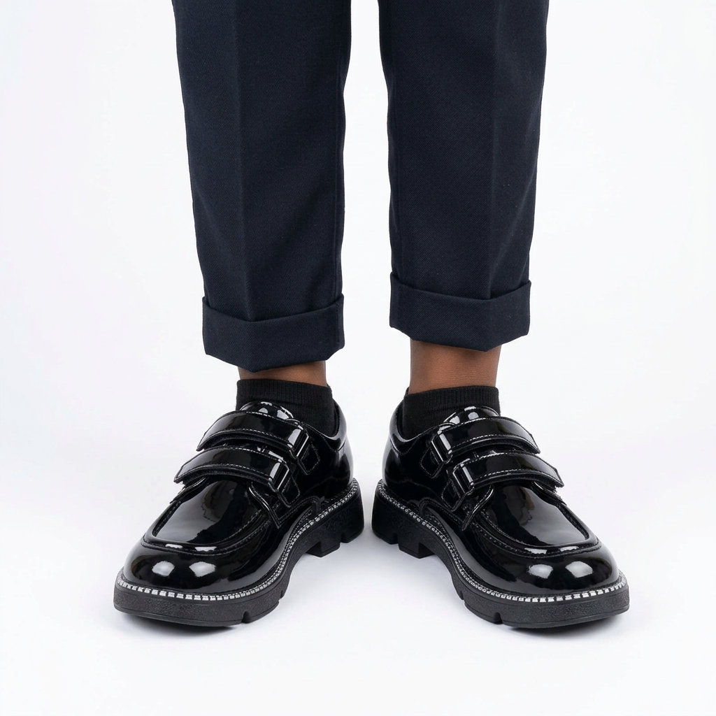 Glossy black double-strap shoes worn on both feet with dark trousers on a white studio background