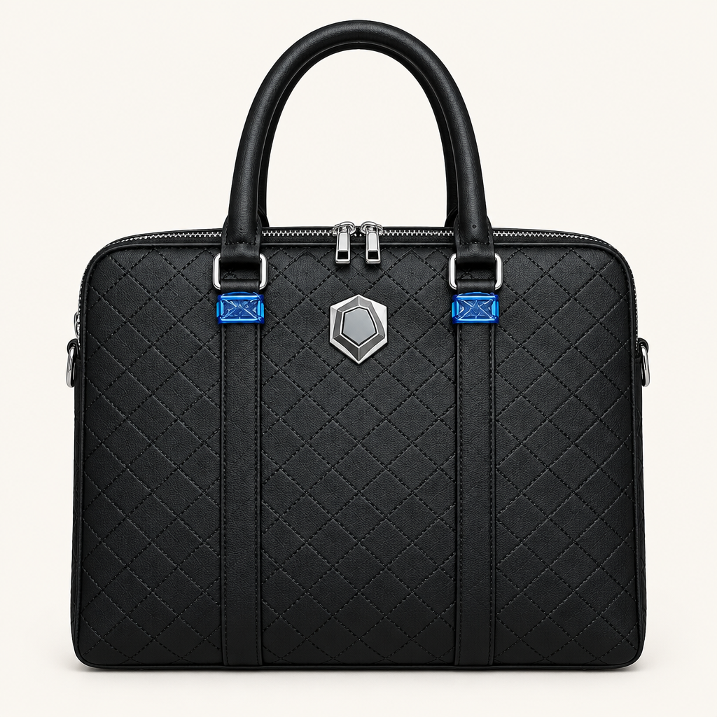 Black grid-stitched top-handle bag with geometric silver-tone emblem