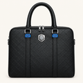 Black grid-stitched top-handle bag with geometric silver-tone emblem