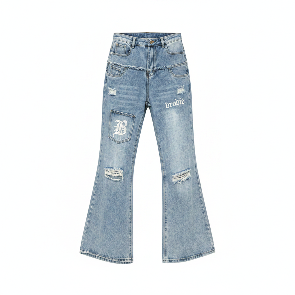Men's light blue distressed flare jeans with gothic patch – ghost mannequin front view