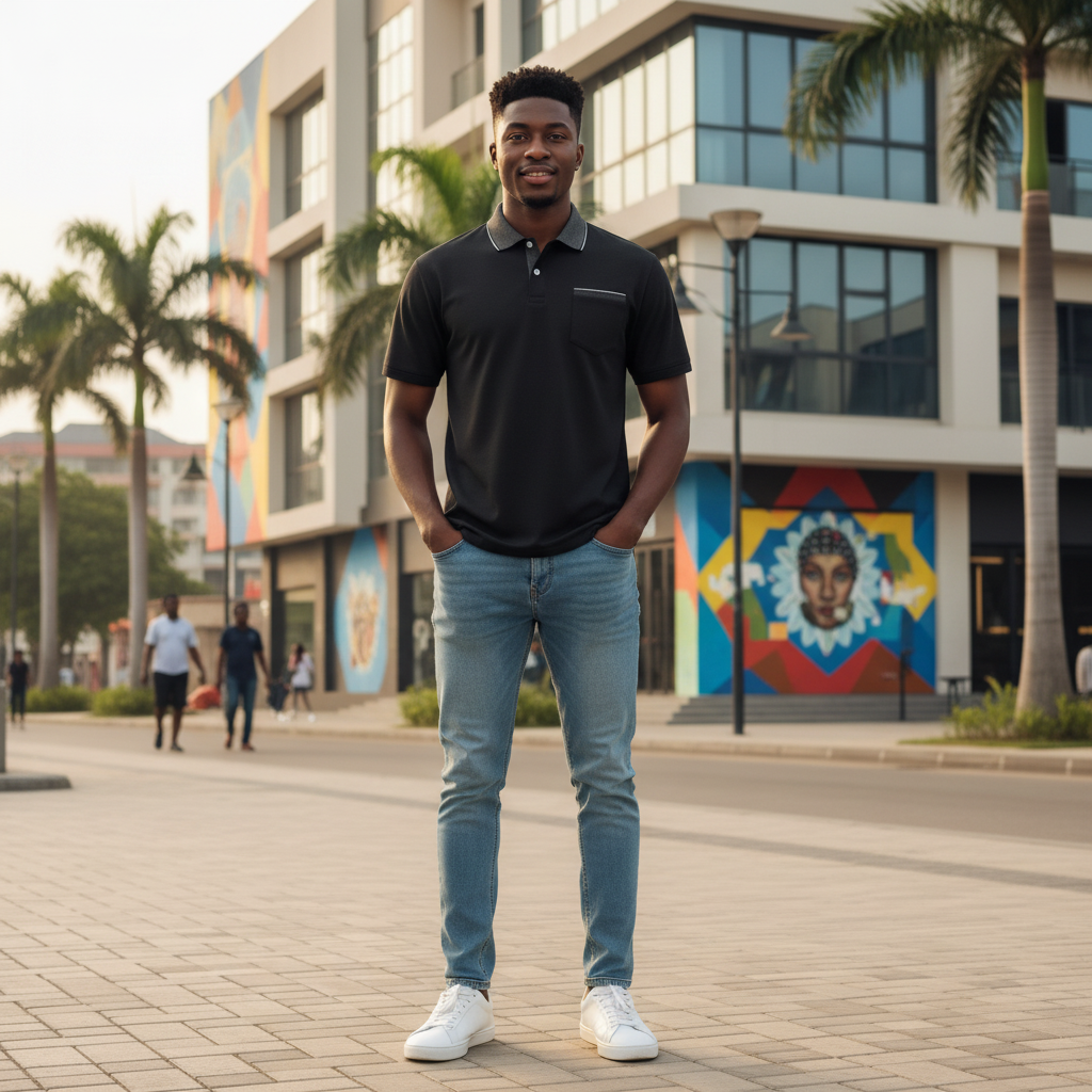 Young Nigerian male model wearing black polo shirt, front view, Nigerian urban background