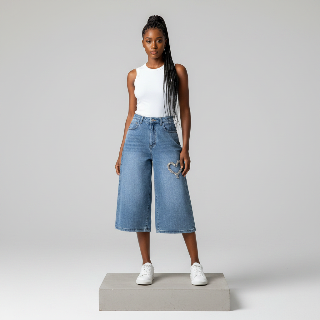 Blue Rhinestone Heart Capri Jeans – Front Model