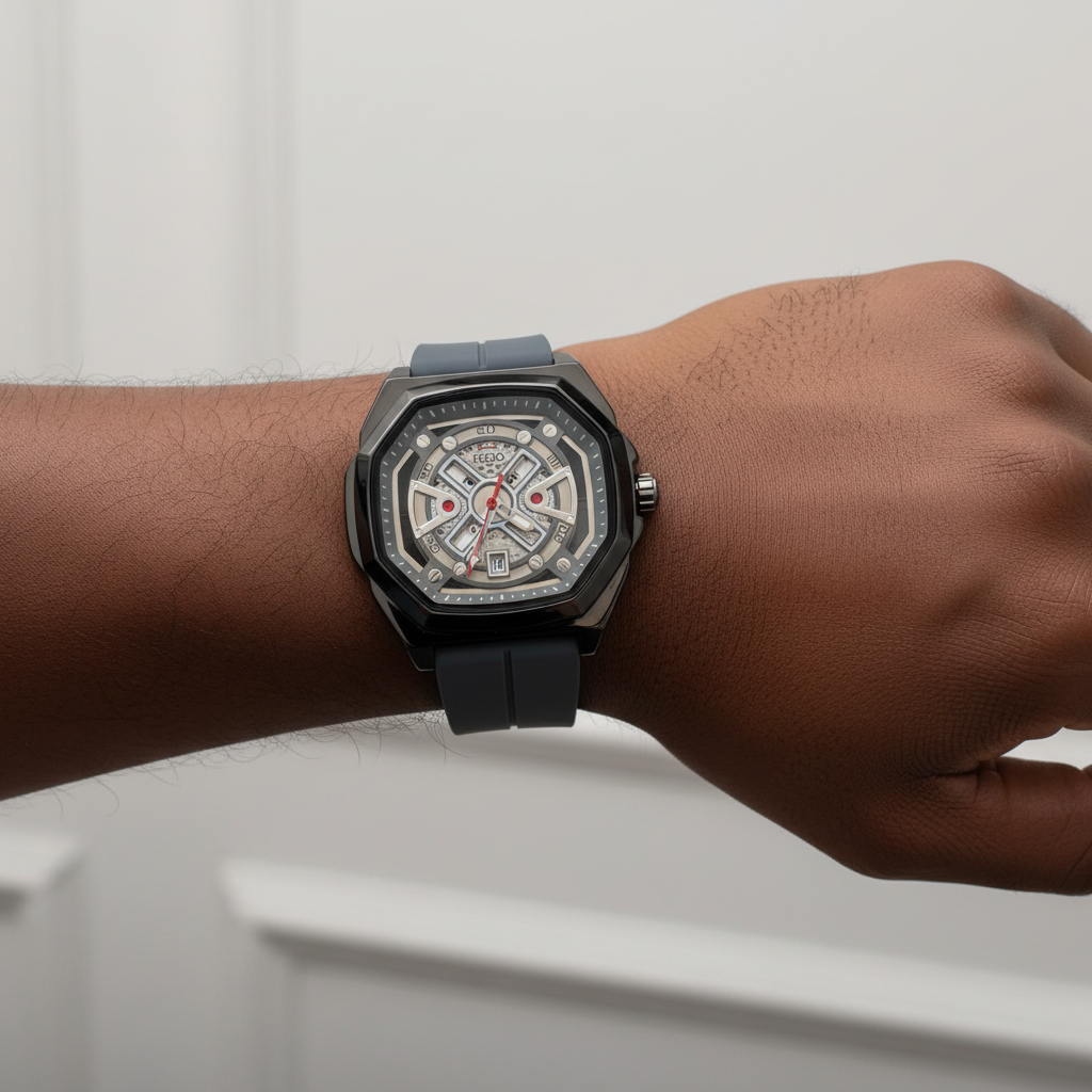 Charcoal skeleton-style wristwatch worn on a Black man's wrist