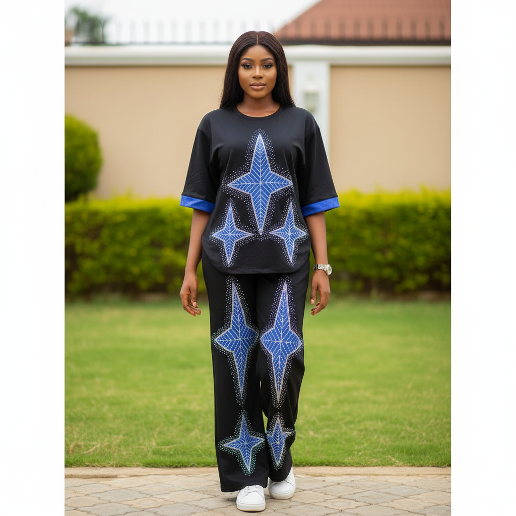 Women's black rhinestone crystal star graphic blue contrast cuff two-piece co-ord set - model shot