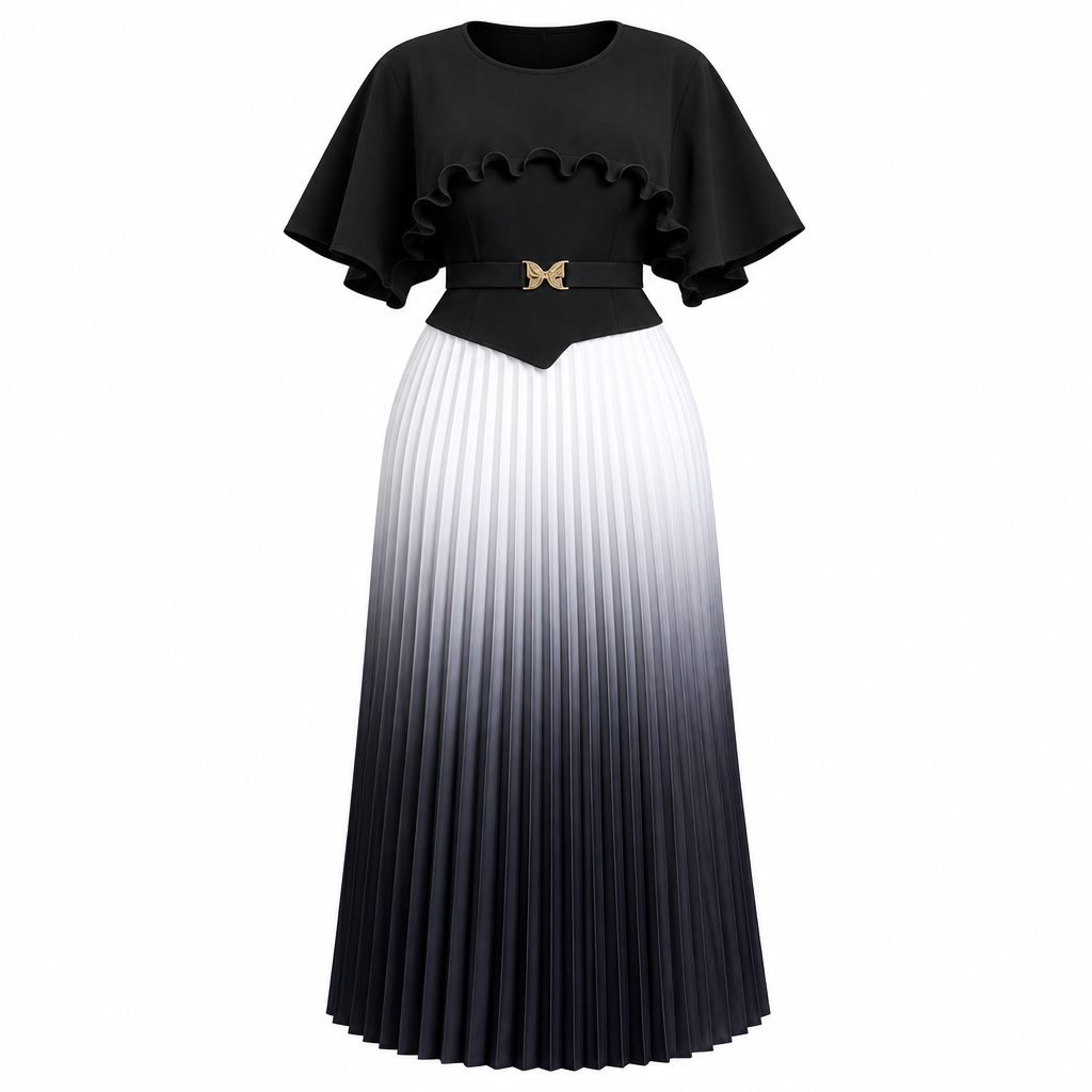 Black ruffle bodice dress with white-to-black pleated skirt on white background