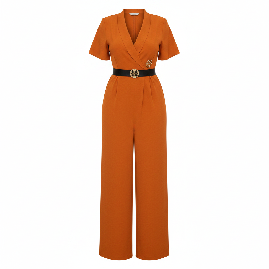 Women's short-sleeve V-neck belted wide-leg jumpsuit in orange – ghost mannequin front view
