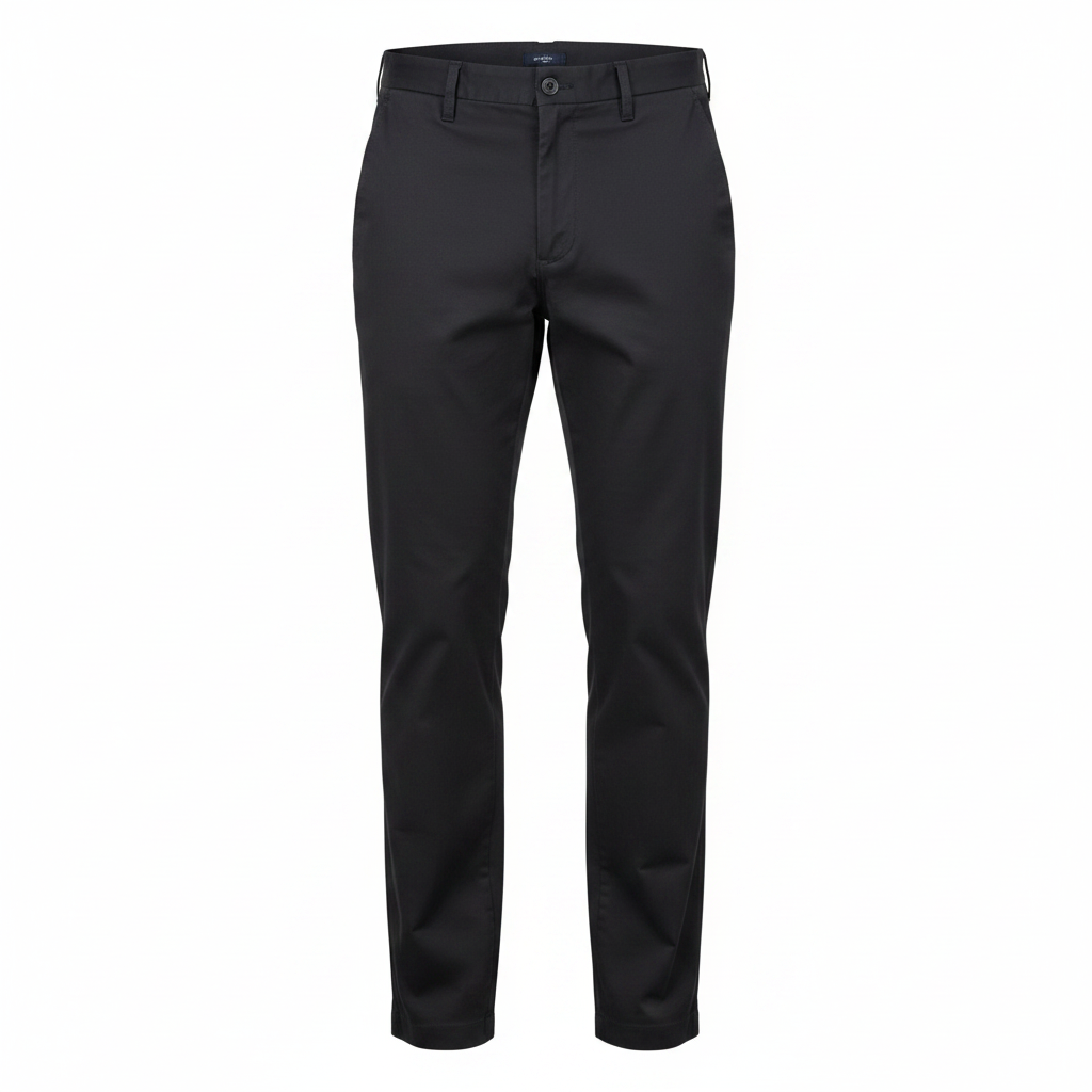 Black chino trousers on ghost mannequin, white background