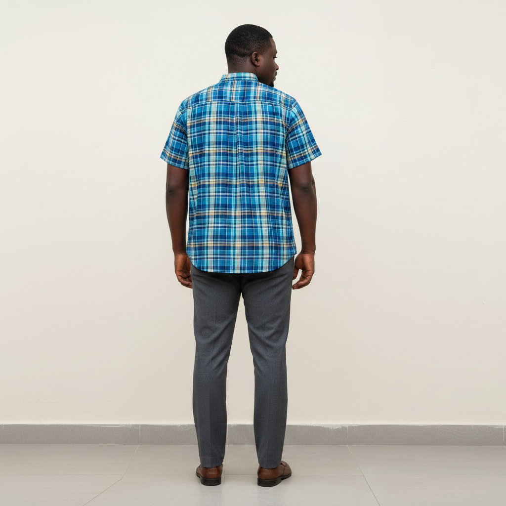 Nigerian model wearing Blue Madras Plaid Short Sleeve Shirt – Back View