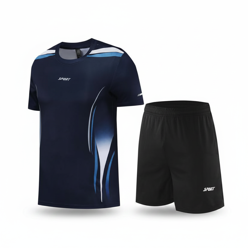 Ghost mannequin front view of navy blue and black sports jersey set