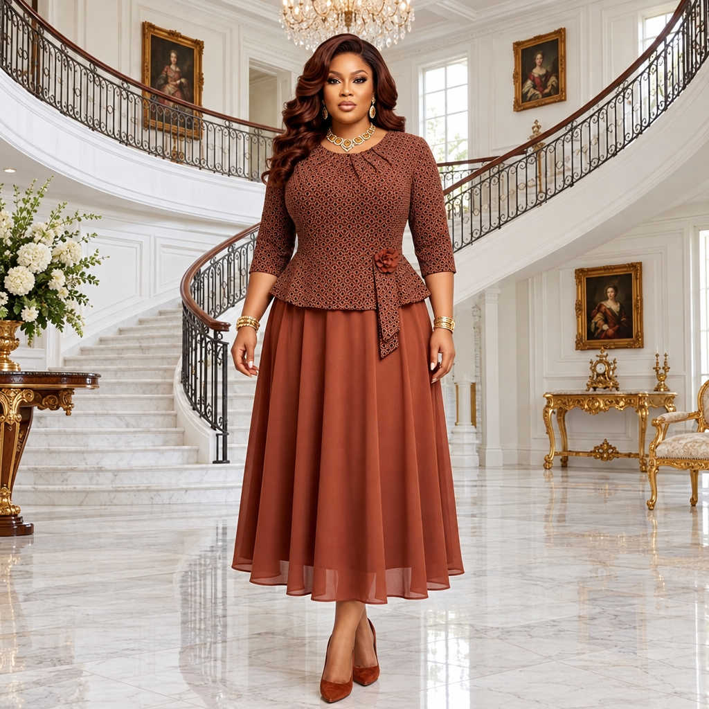 Black woman wearing rust patterned peplum occasion dress