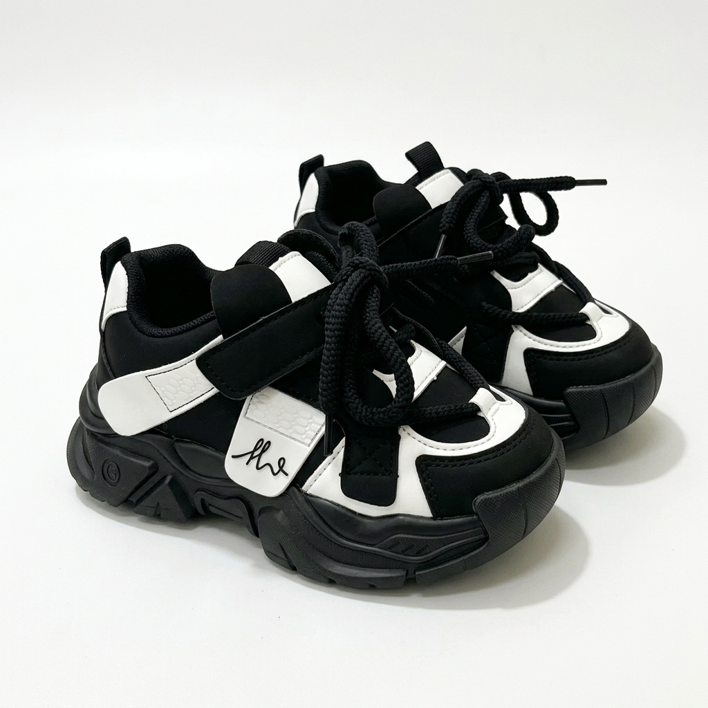 Matching black and white chunky lace-up trainers