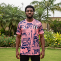 Pink cityscape graphic football jersey on Nigerian male model