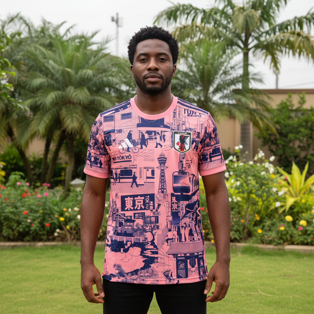 Pink cityscape graphic football jersey on Nigerian male model