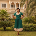 Women's emerald green scallop-trim pleated midi gown – Nigerian model lifestyle shot