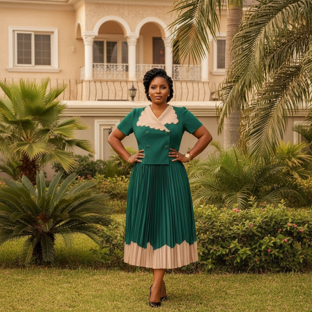 Women's emerald green scallop-trim pleated midi gown – Nigerian model lifestyle shot