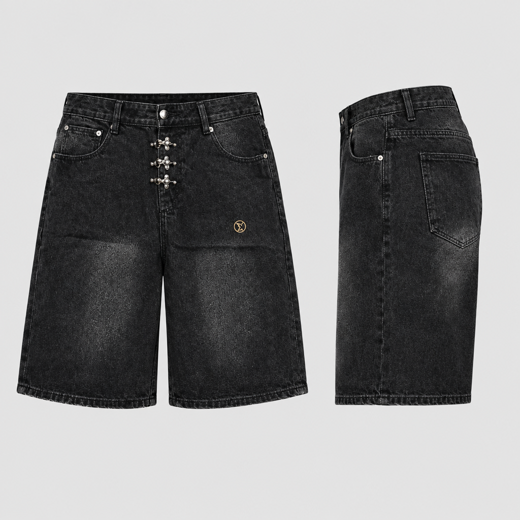 Charcoal-black denim shorts with three silver-tone hooks and a small gold-tone emblem