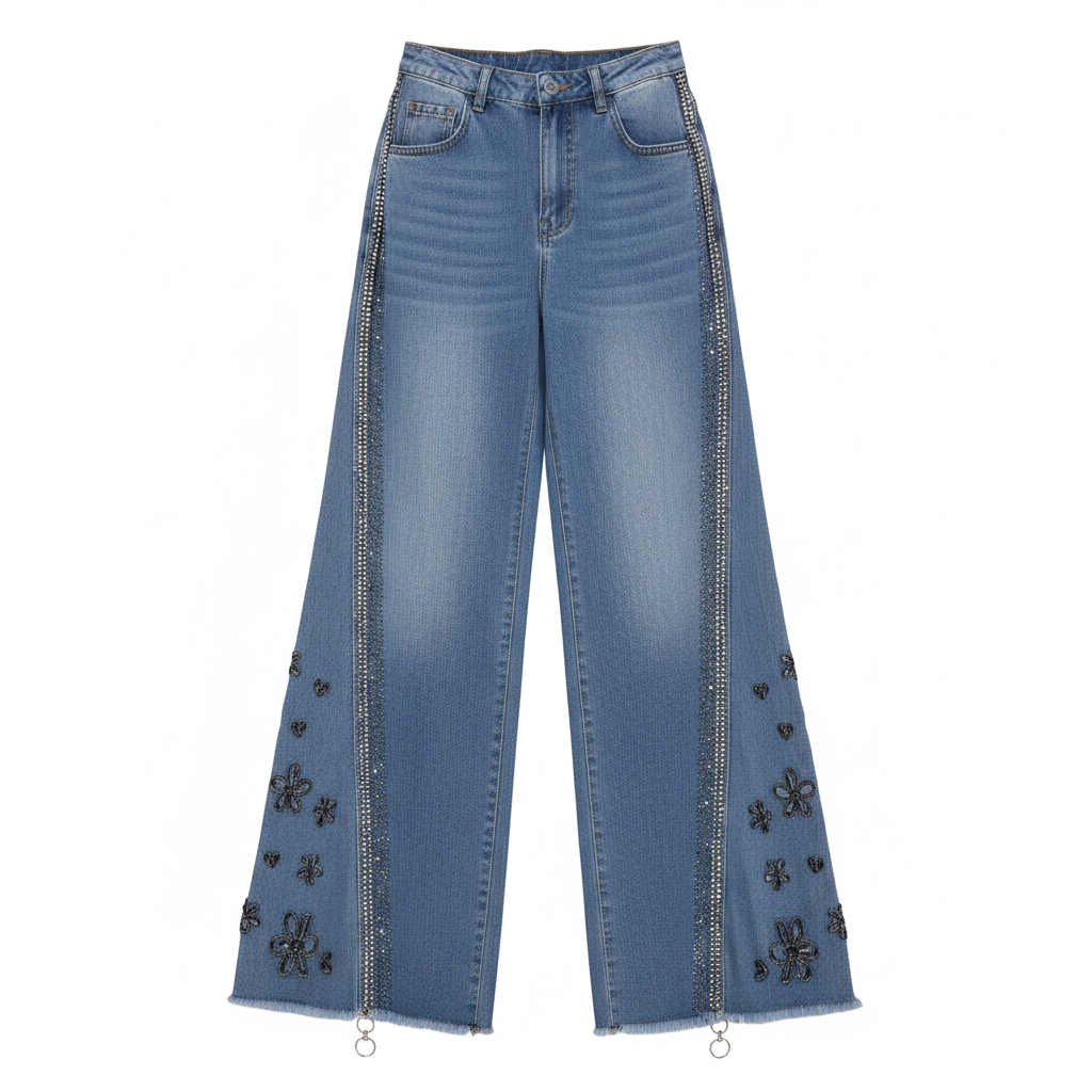 Women's blue high-waist wide-leg jeans with rhinestone side stripe and charm detail — ghost mannequin front view