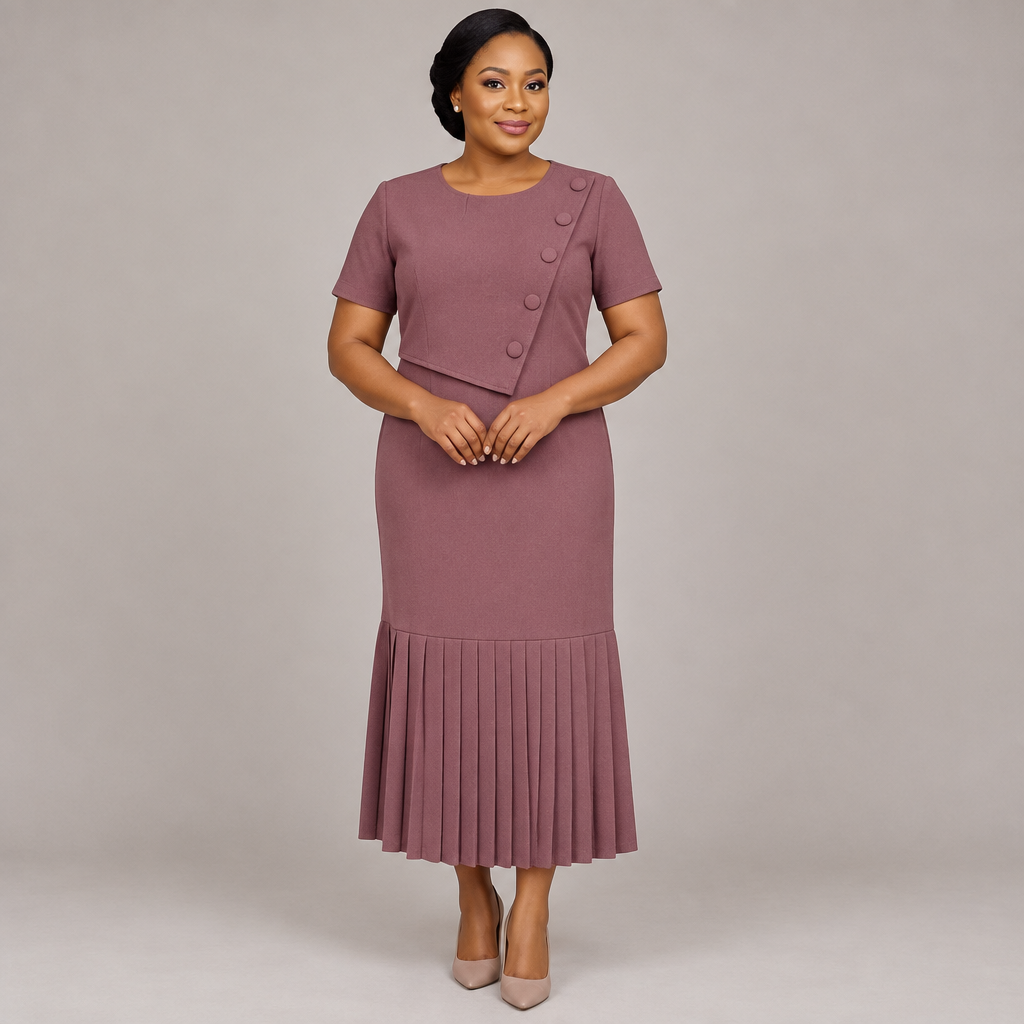 Black Nigerian woman wearing dusty mauve asymmetric button pleated midi dress