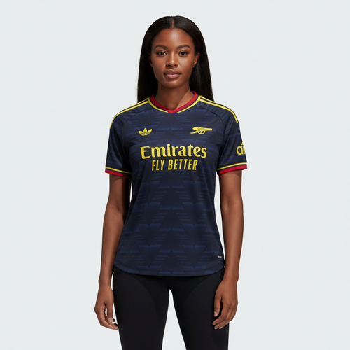 Nigerian female model wearing Arsenal third dark navy jersey