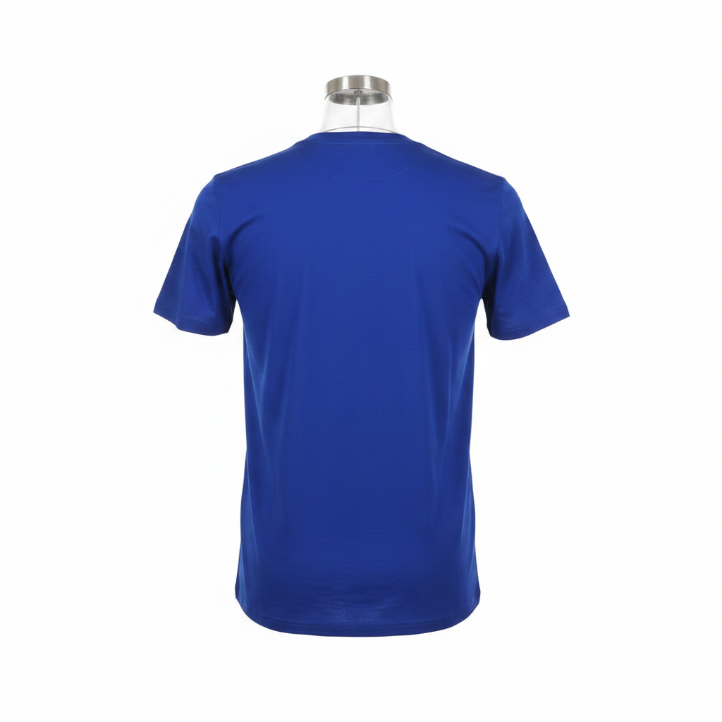 Ghost mannequin back view of royal blue T-shirt
