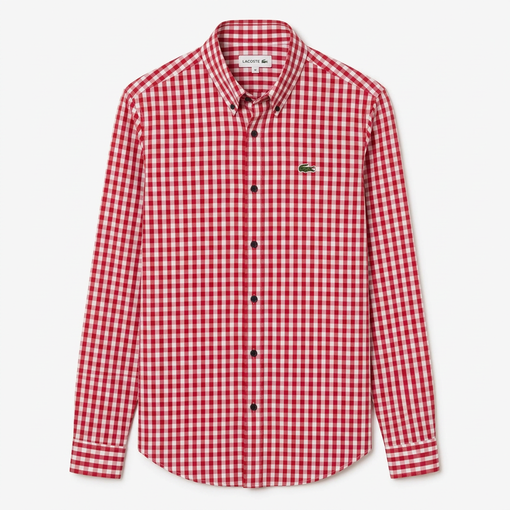 Men’s red and white gingham long-sleeve shirt, generated ghost mannequin view