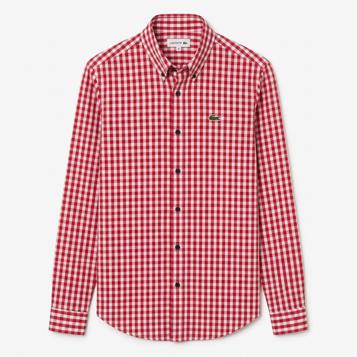 Men’s red and white gingham long-sleeve shirt, generated ghost mannequin view