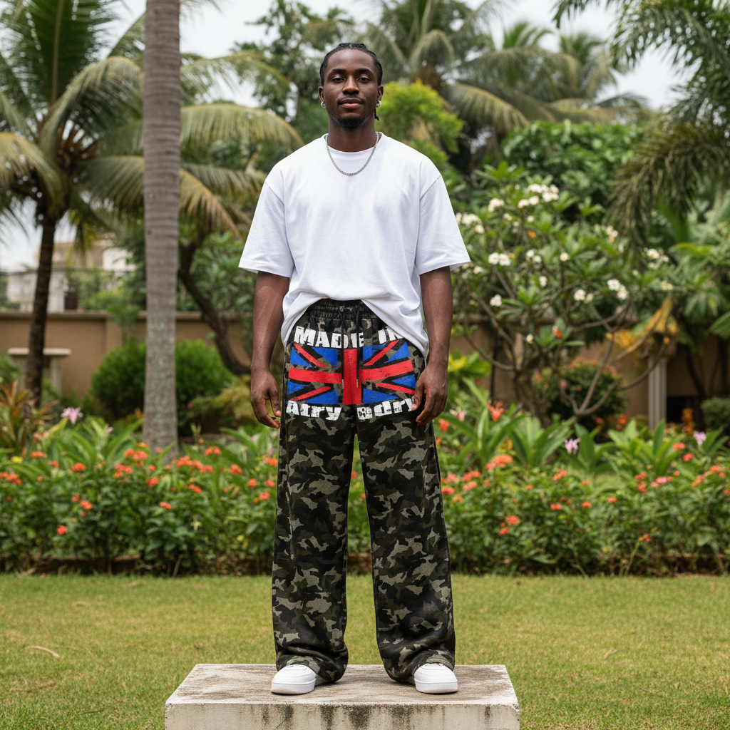 Nigerian male model wearing camouflage flag graphic wide-leg sweatpants with white t-shirt – full body lifestyle shot