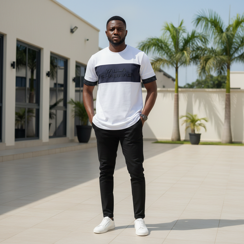 Legendary Panel Tee – Nigerian Male Model Front View