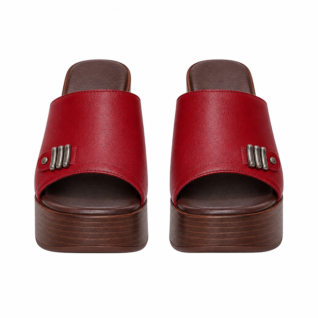Red platform clog mules with a three-bar metal trim on the strap, full pair shown straight-on from the front