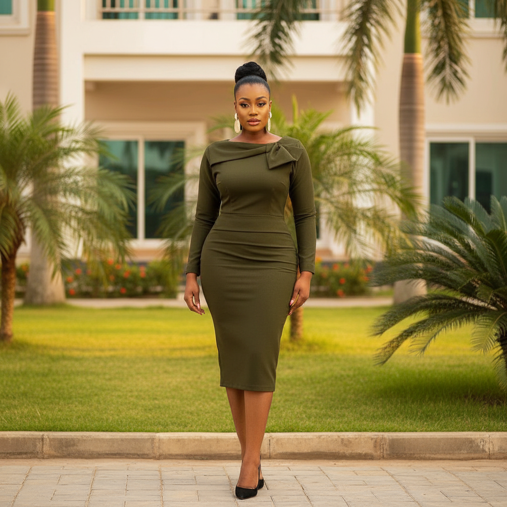 Nigerian female model wearing olive green bow detail boat neck bodycon midi dress