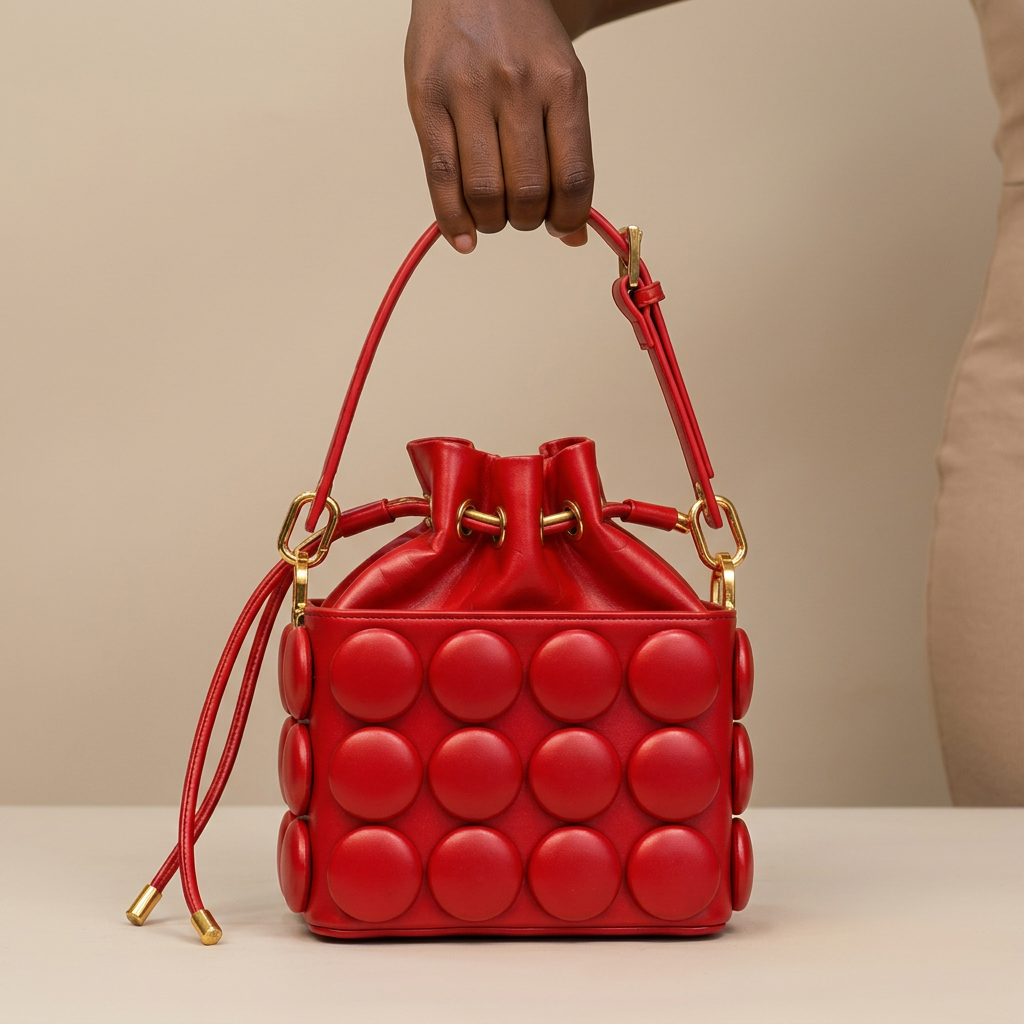 Hand holding red circle-appliqué drawstring bucket bag