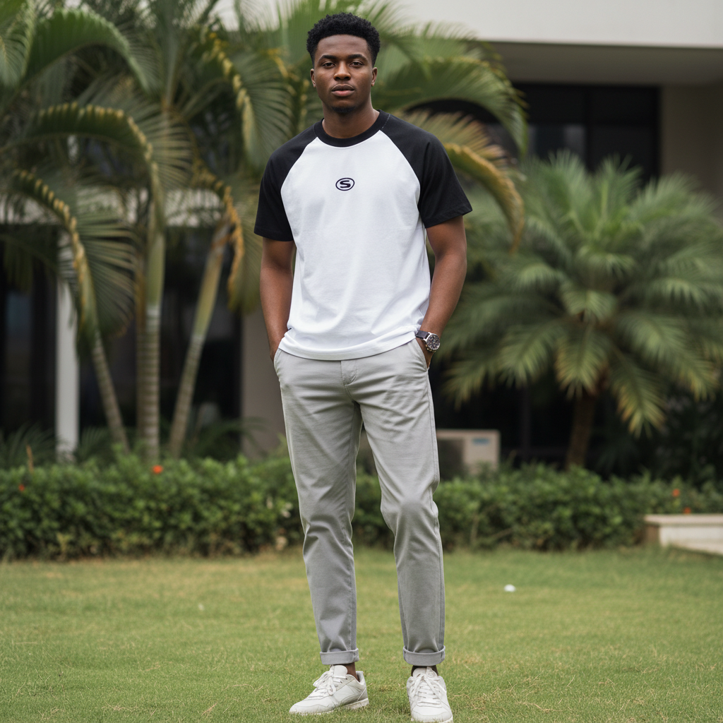Men's White Black Raglan Short Sleeve T-Shirt - Nigerian Male Model