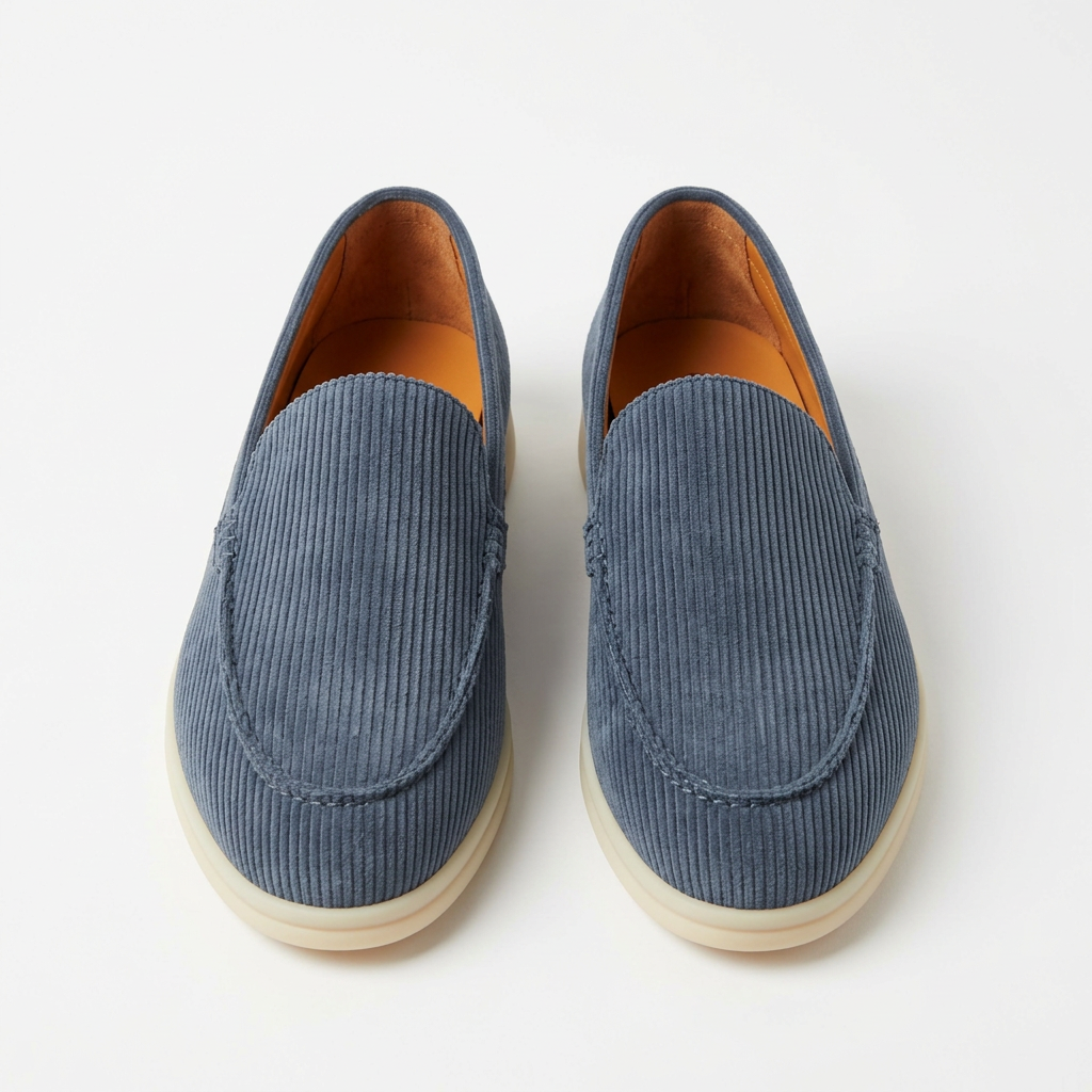 Blue ribbed slip-on loafers with cream soles and tan interiors