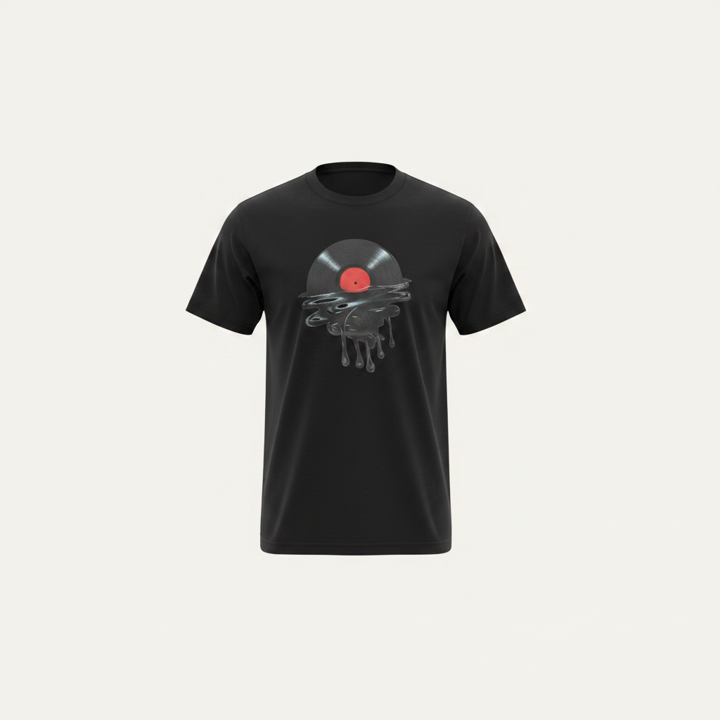 Black melting vinyl record graphic T-shirt in ghost mannequin style