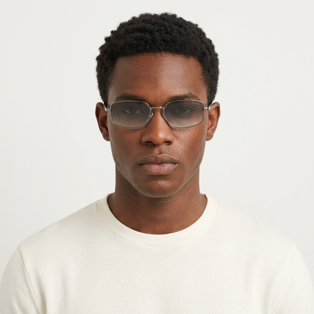Nigerian Black male model wearing gunmetal square gradient sunglasses