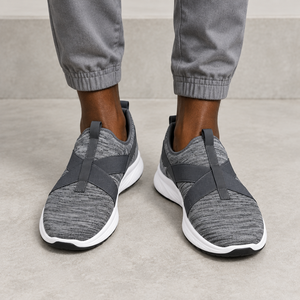 Grey and charcoal slip-on sneakers worn on both feet