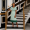Model shot – Ntiwi Collection Mint Green Miyaki Pleated Midi Dress