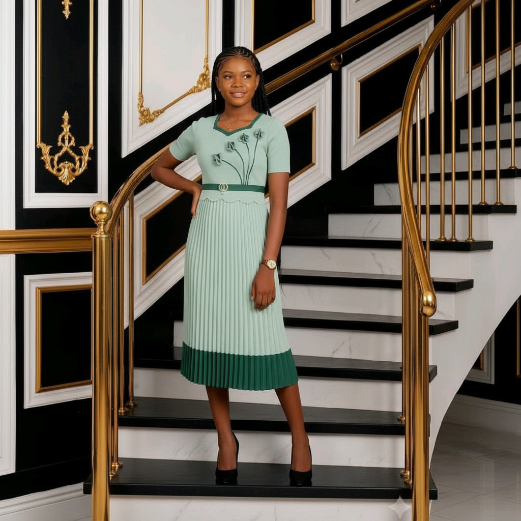 Model shot – Ntiwi Collection Mint Green Miyaki Pleated Midi Dress