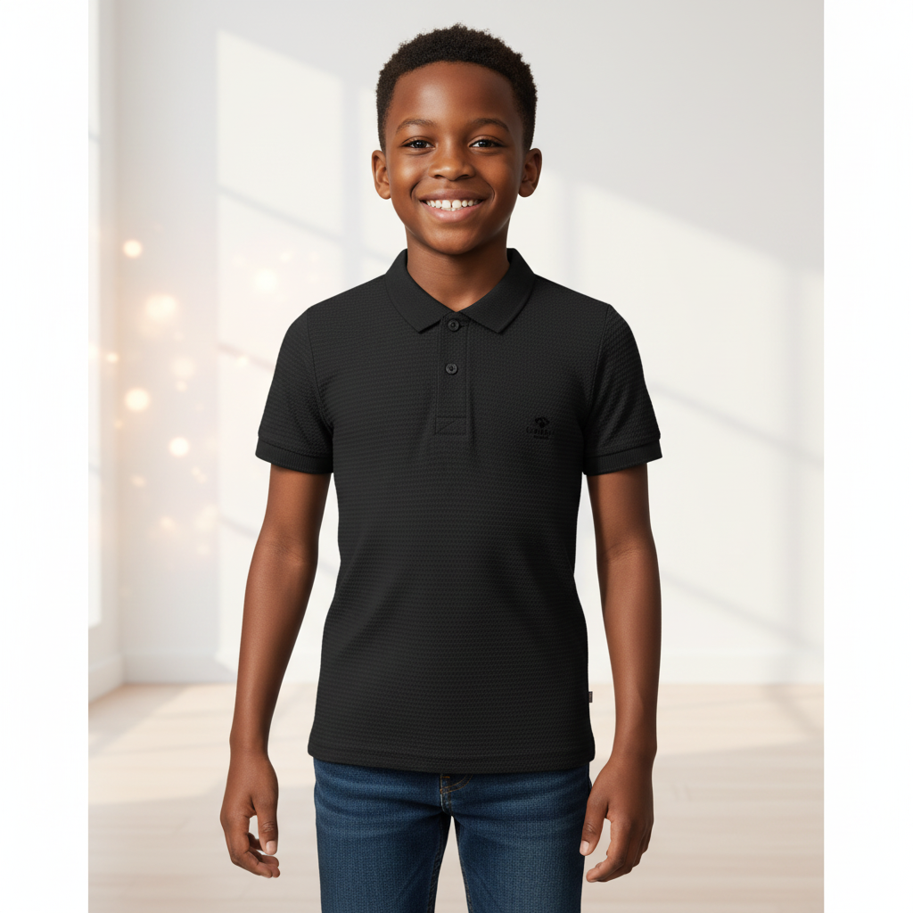 Nigerian boy model wearing Kids Black Polo Shirt