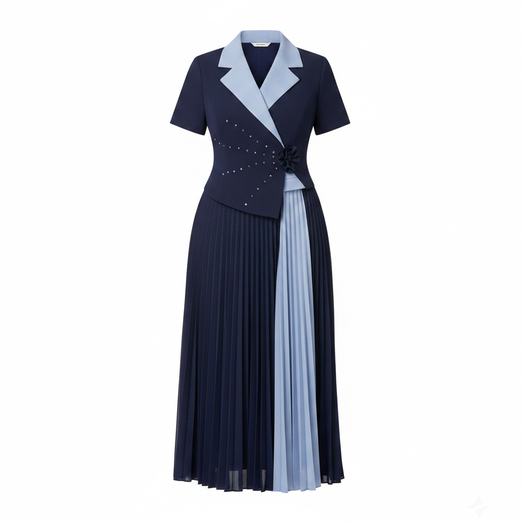 Navy & Baby Blue Pleated Blazer Midi Dress – Ghost Mannequin