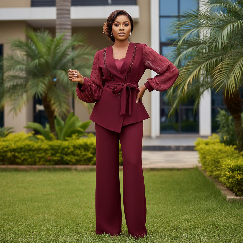 Burgundy Sheer Sleeve Peplum Suit Set - Front Model View