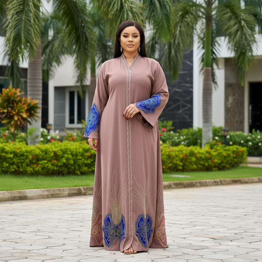 Dusty rose abaya with blue embroidery on Nigerian female model