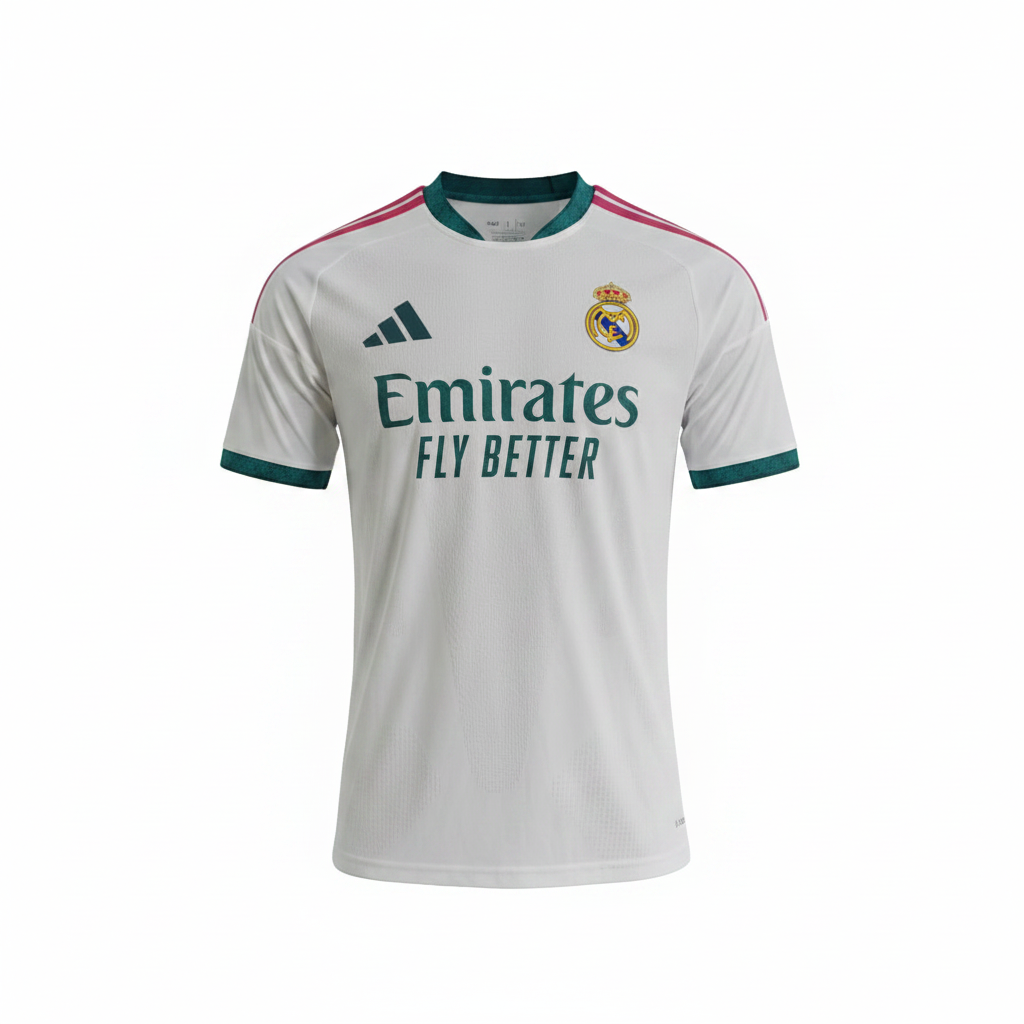 White teal and pink trim football jersey ghost mannequin front view - teal collar, pink shoulder stripes, dark green chest print