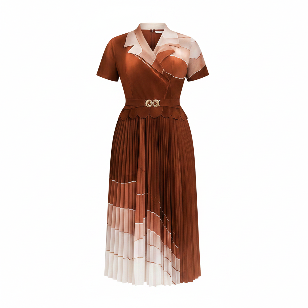 Women's rust cream ombré colour-block pleated midi dress ghost mannequin front view