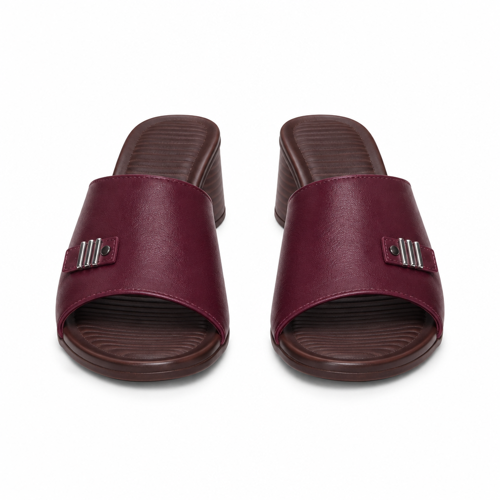 Maroon open-toe block heel slide sandals with three-bar silver-tone trim