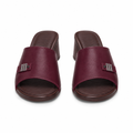 Maroon open-toe block heel slide sandals with three-bar silver-tone trim