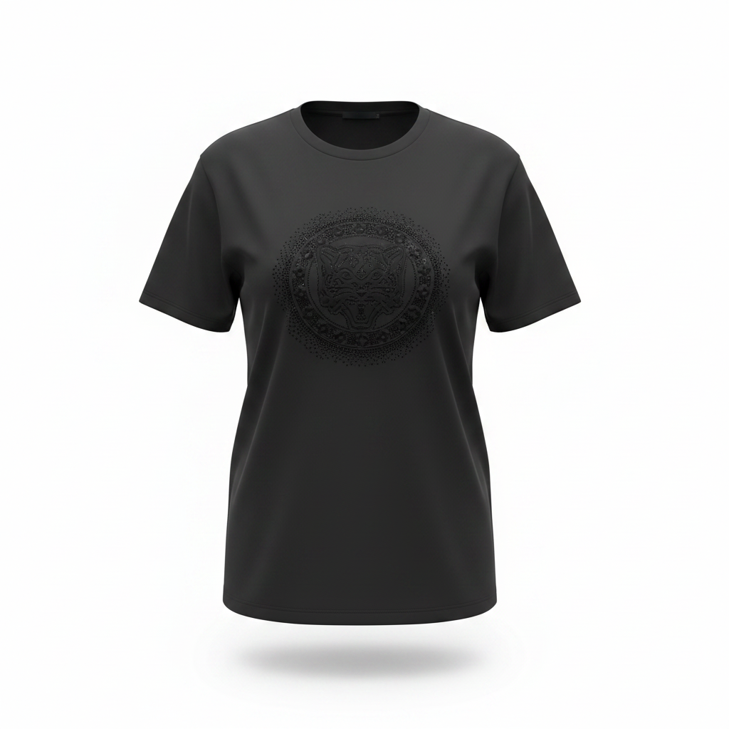 Women's black rhinestone medallion graphic tee - ghost mannequin front view