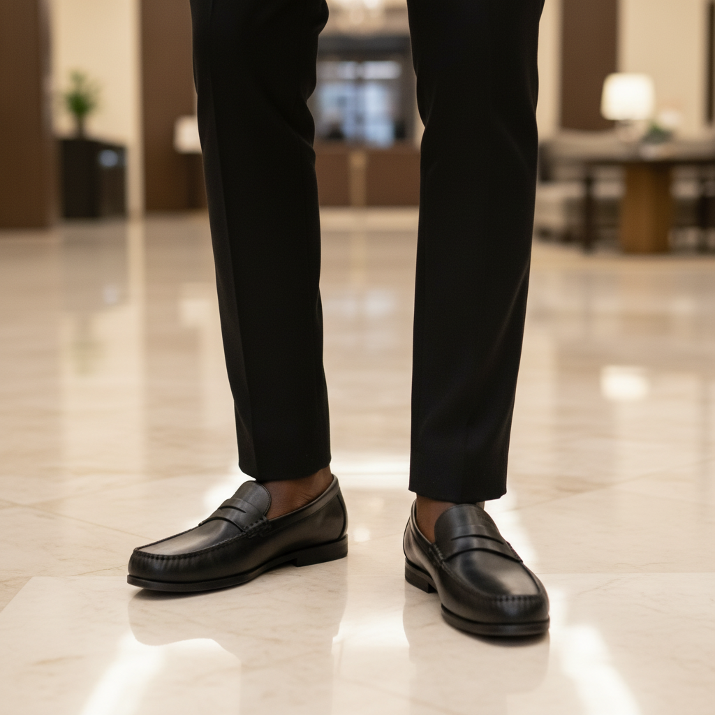 Nigerian male model wearing black polished leather moccasin penny loafers, tight zoomed-in Italian luxury leg focus lifestyle shot