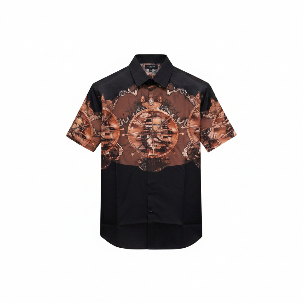 Men's black nautical ship wheel graphic short-sleeve shirt ghost mannequin front view